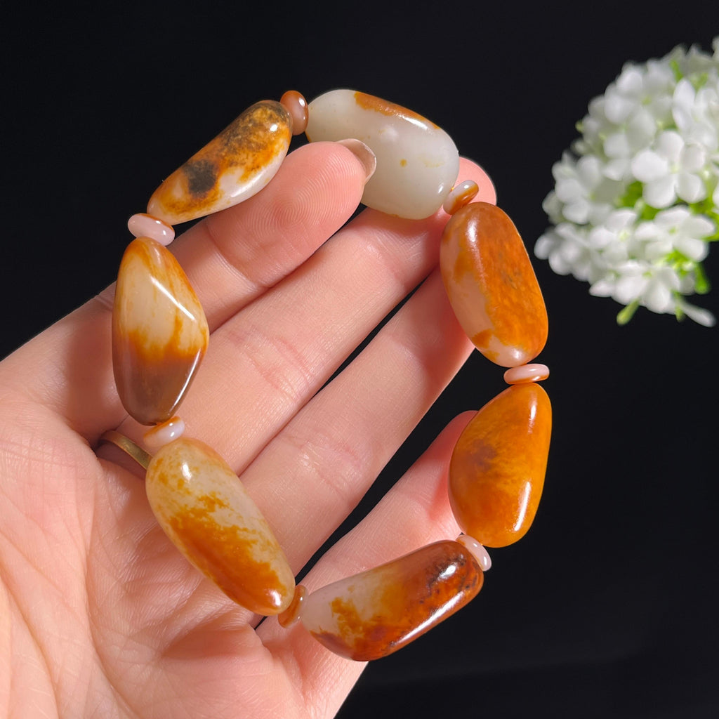 和田玉白玉洒金皮黄皮籽料手串（yc287874）