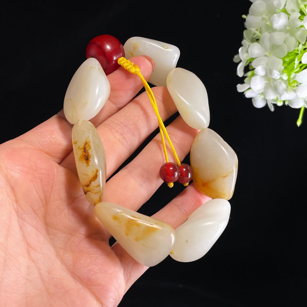 和田玉白玉青白玉红皮洒金皮原籽手串（7颗）（yc434549）