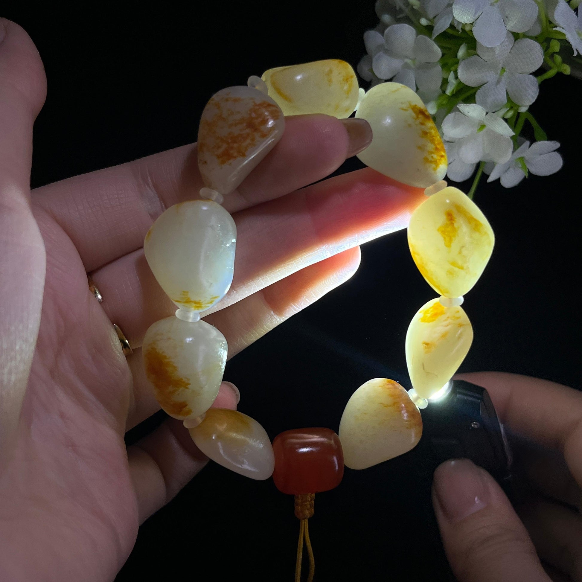 和田玉白玉红皮原籽手串（yc381693）