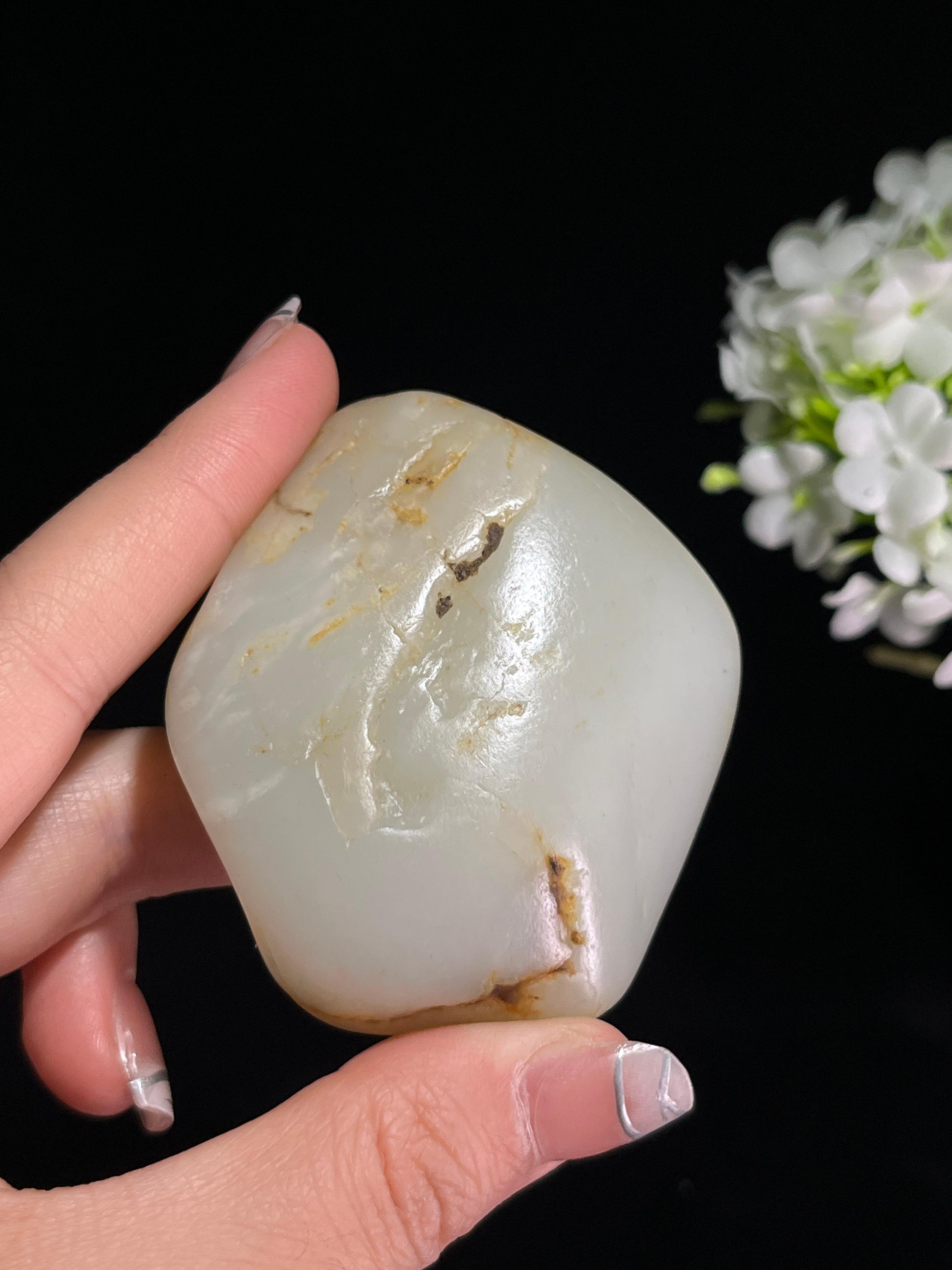 新疆和田玉高青白洒金皮籽料原石手把件（yc245717）