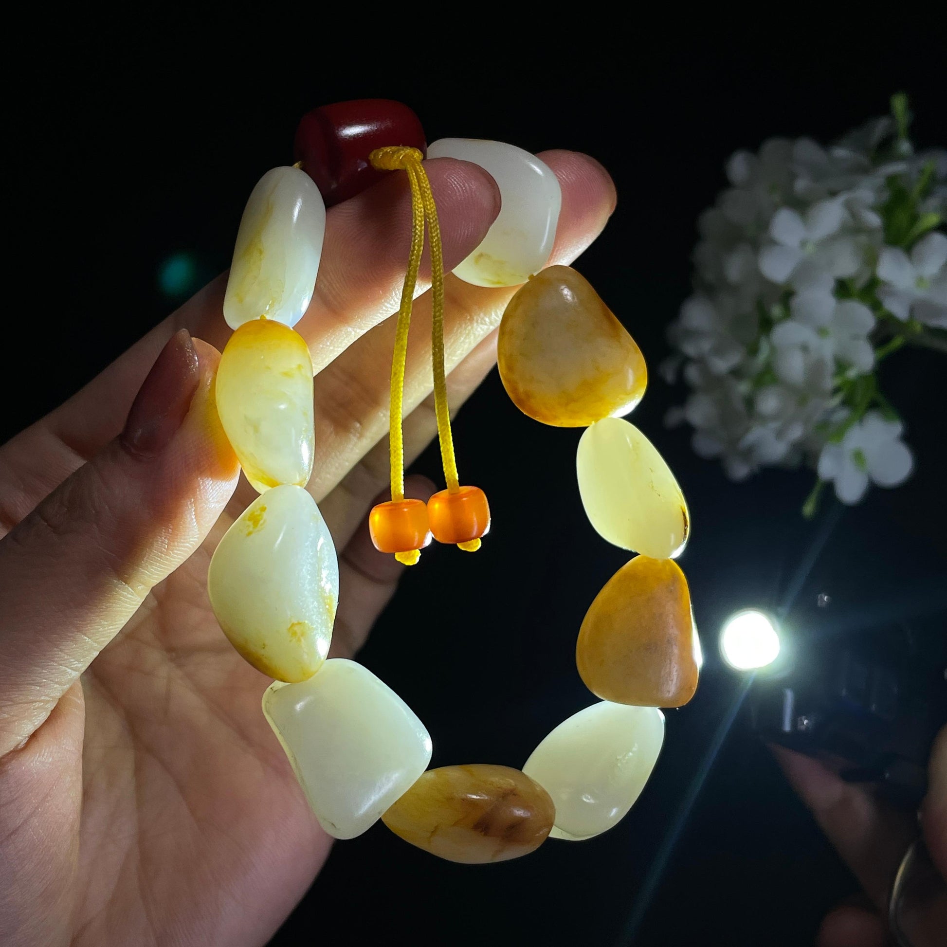 新疆天然和田玉白玉红皮洒金皮原籽手串（10颗)（yc418907）