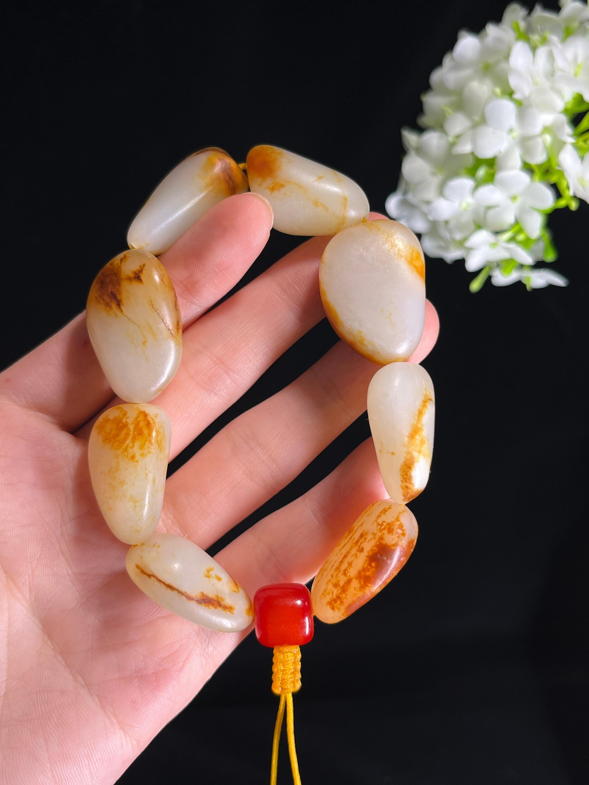 新疆天然和田玉籽料原石洒金皮手串（yc268980）
