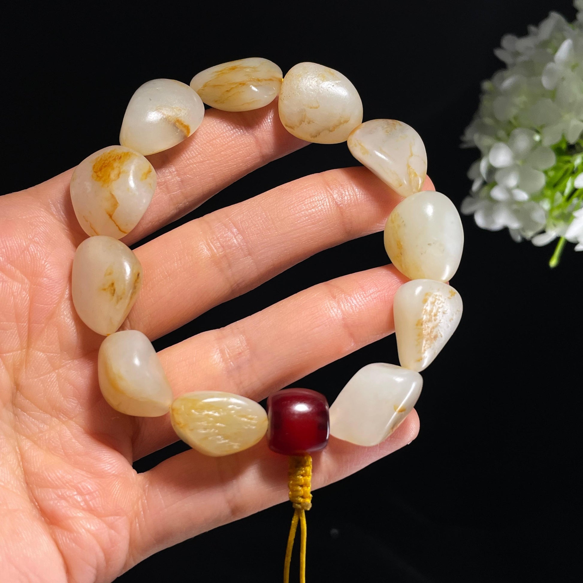 和田玉白玉青白玉洒金皮红皮原籽手串（yc355845）