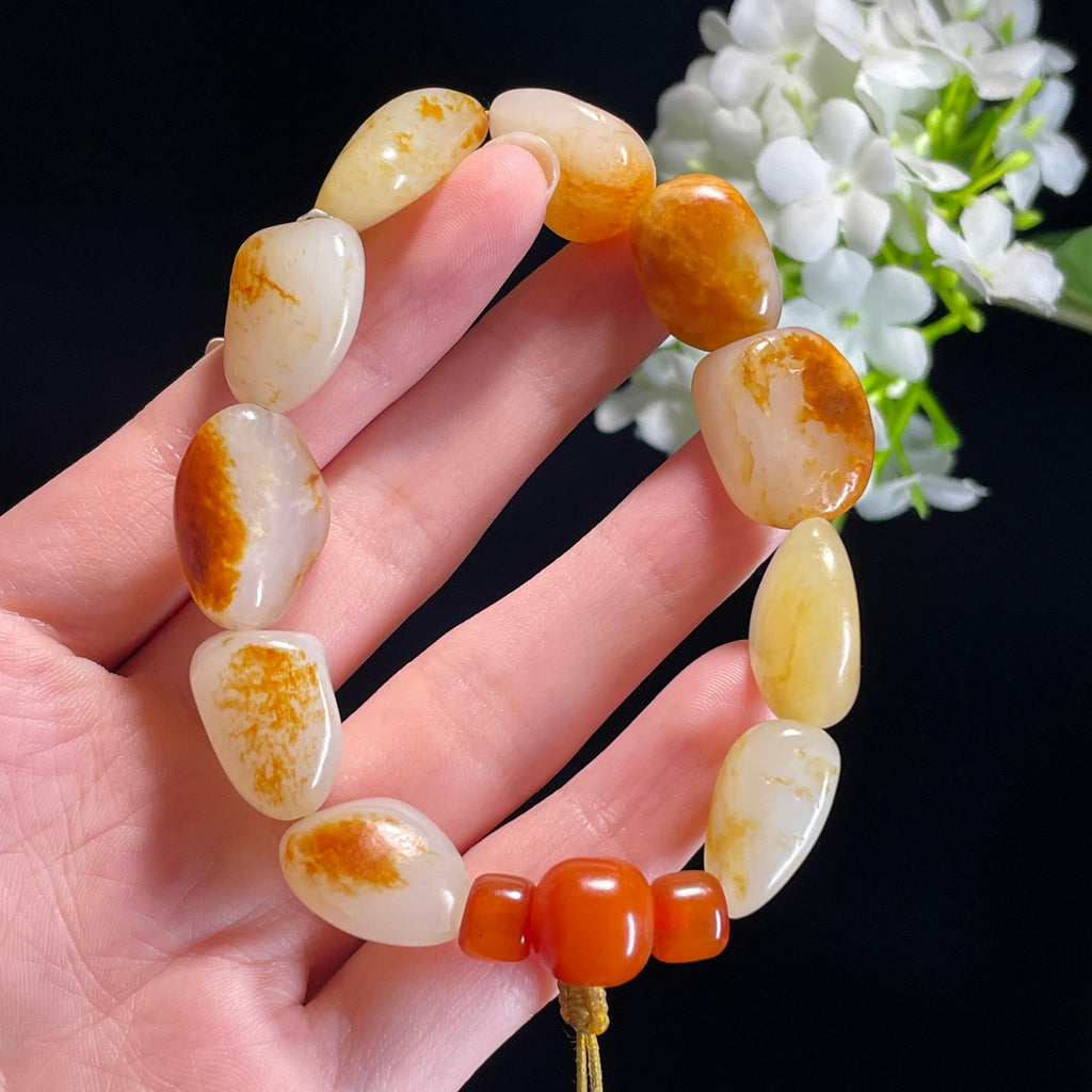 和田玉白玉洒金皮聚红皮籽料原籽手串（yc337850）