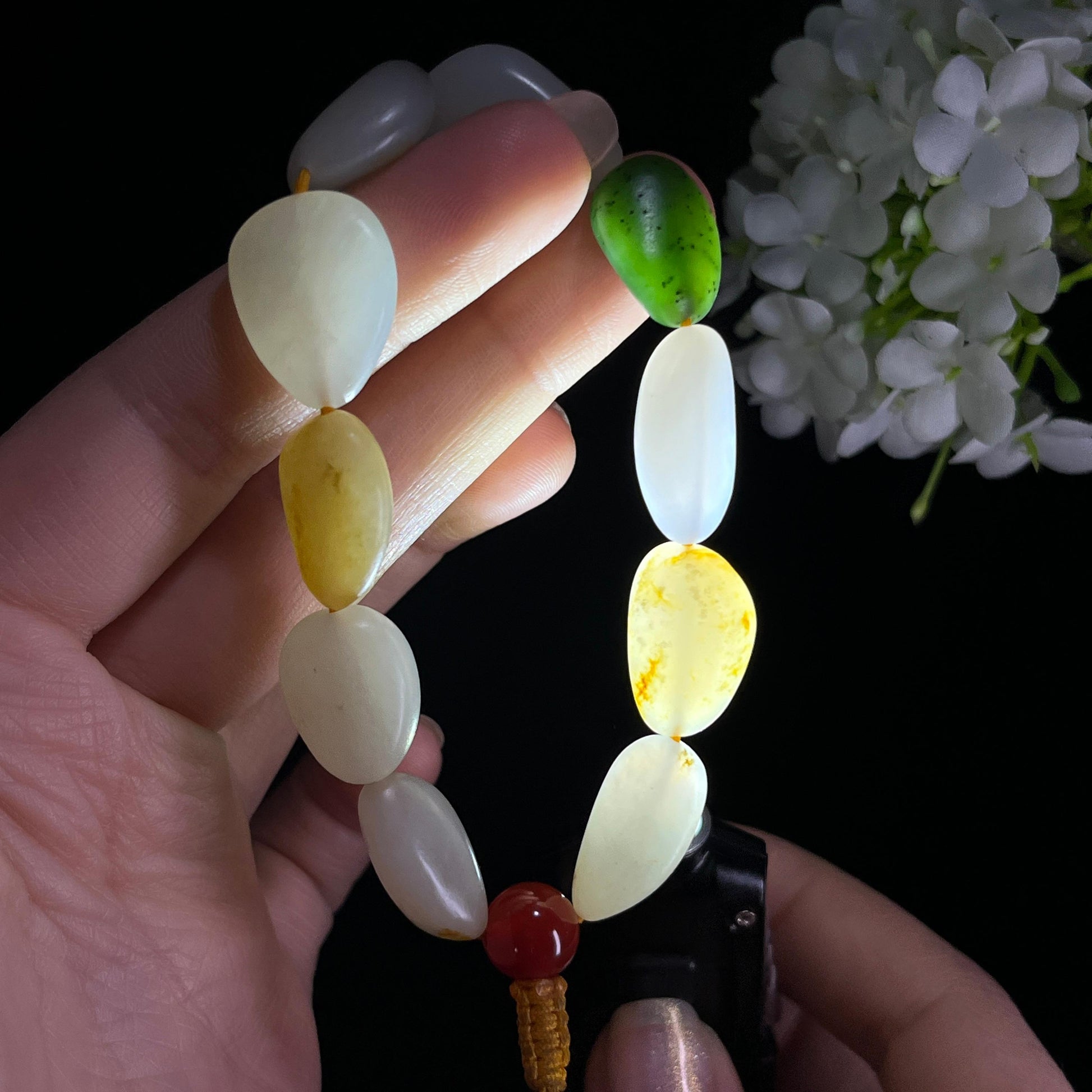 和田玉碧玉白玉洒金皮红皮原籽手串（10颗）（yc399611）