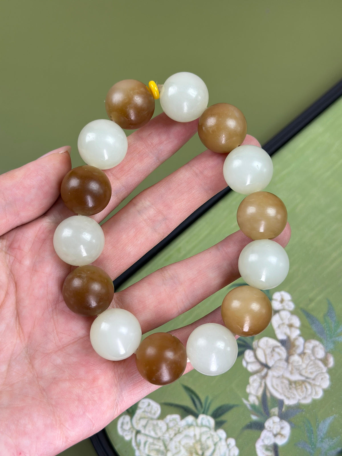 和田玉糖玉白玉圆珠手串（14颗）（yc751226）