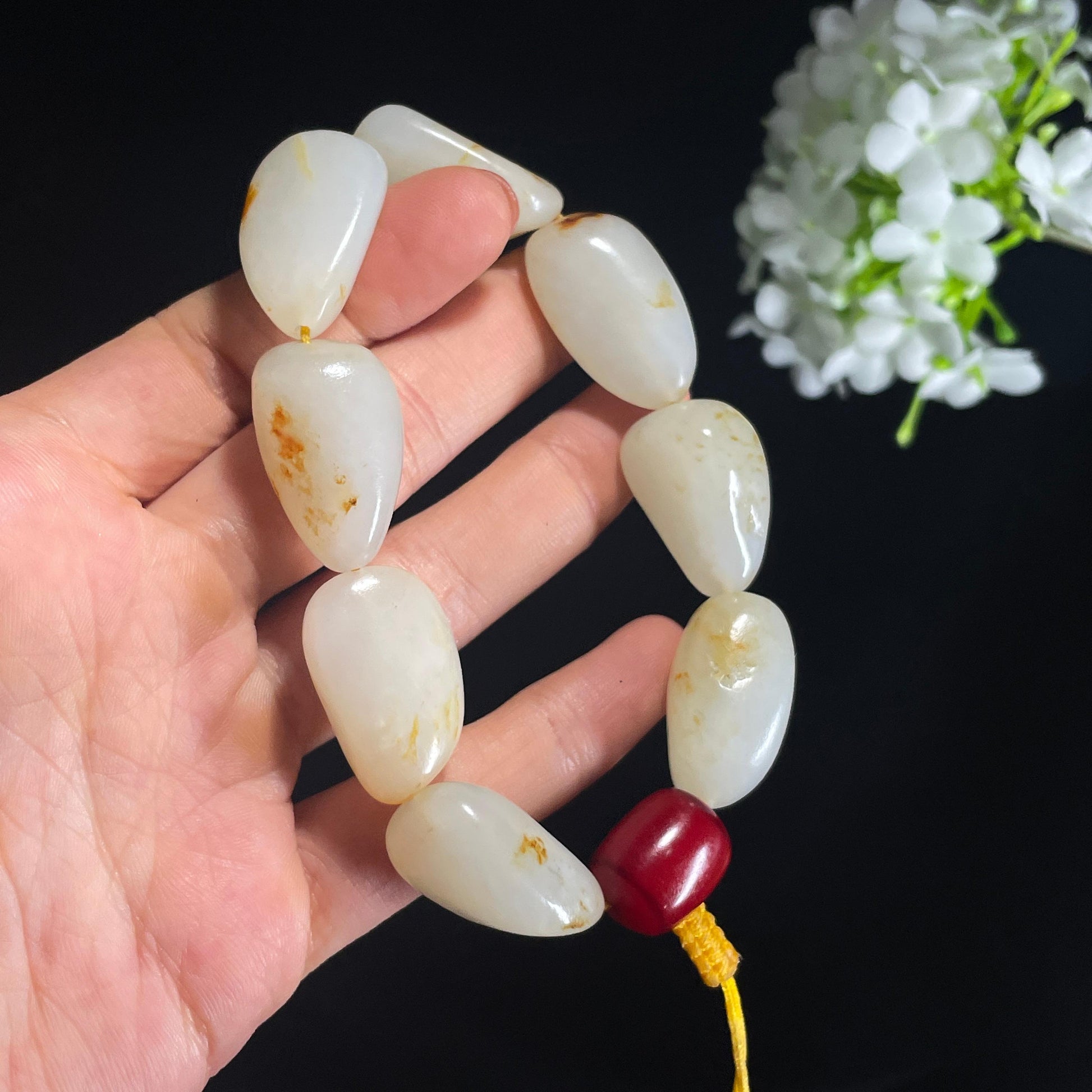 新疆天然和田玉白玉洒金皮籽料手串（yc401377）