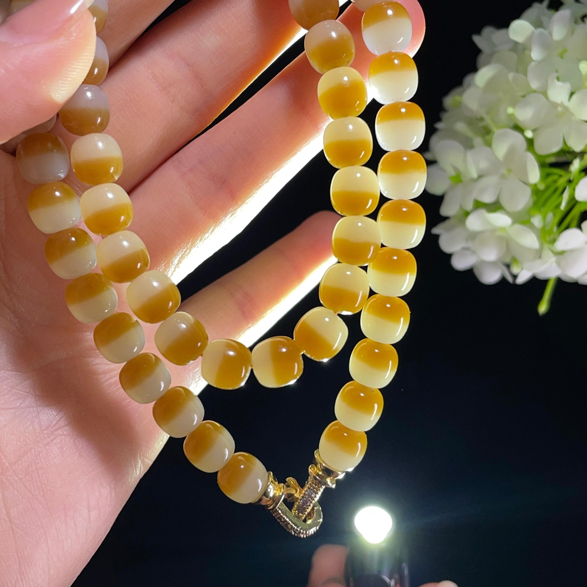 和田玉糖白玉聚宝盆圆珠项链（58颗）（yc389153）