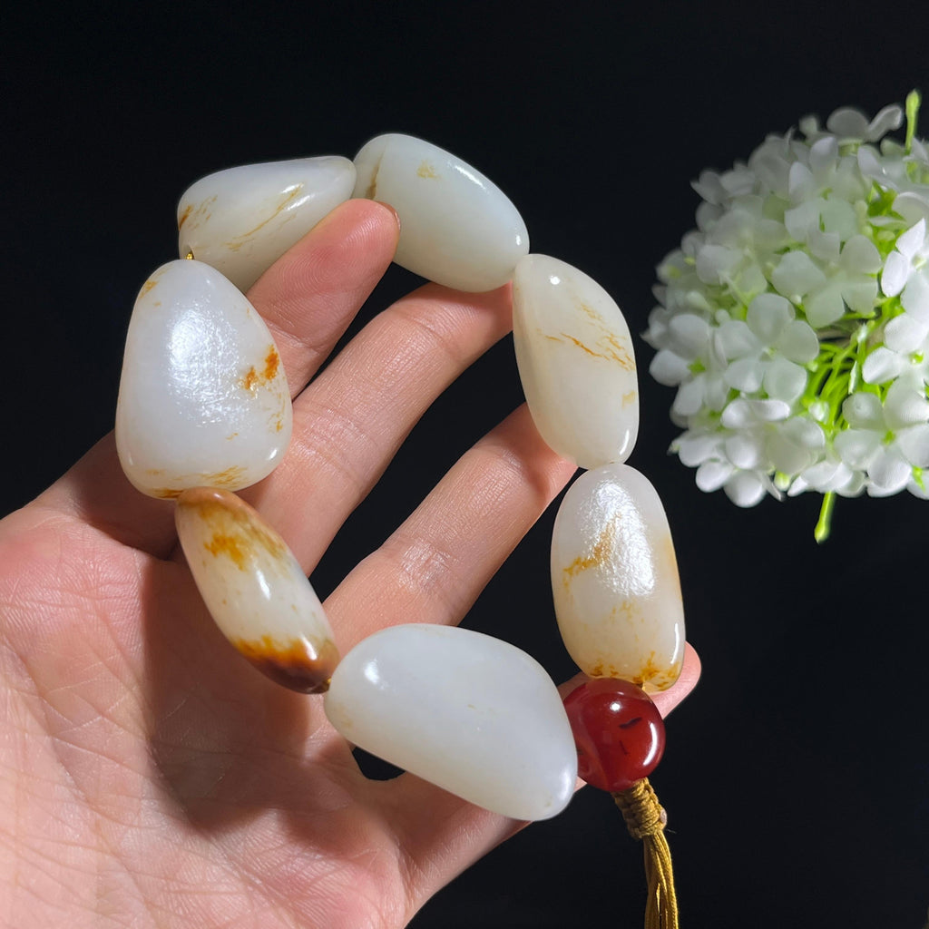 和田玉白玉洒金皮红皮原籽手串（yc389323）