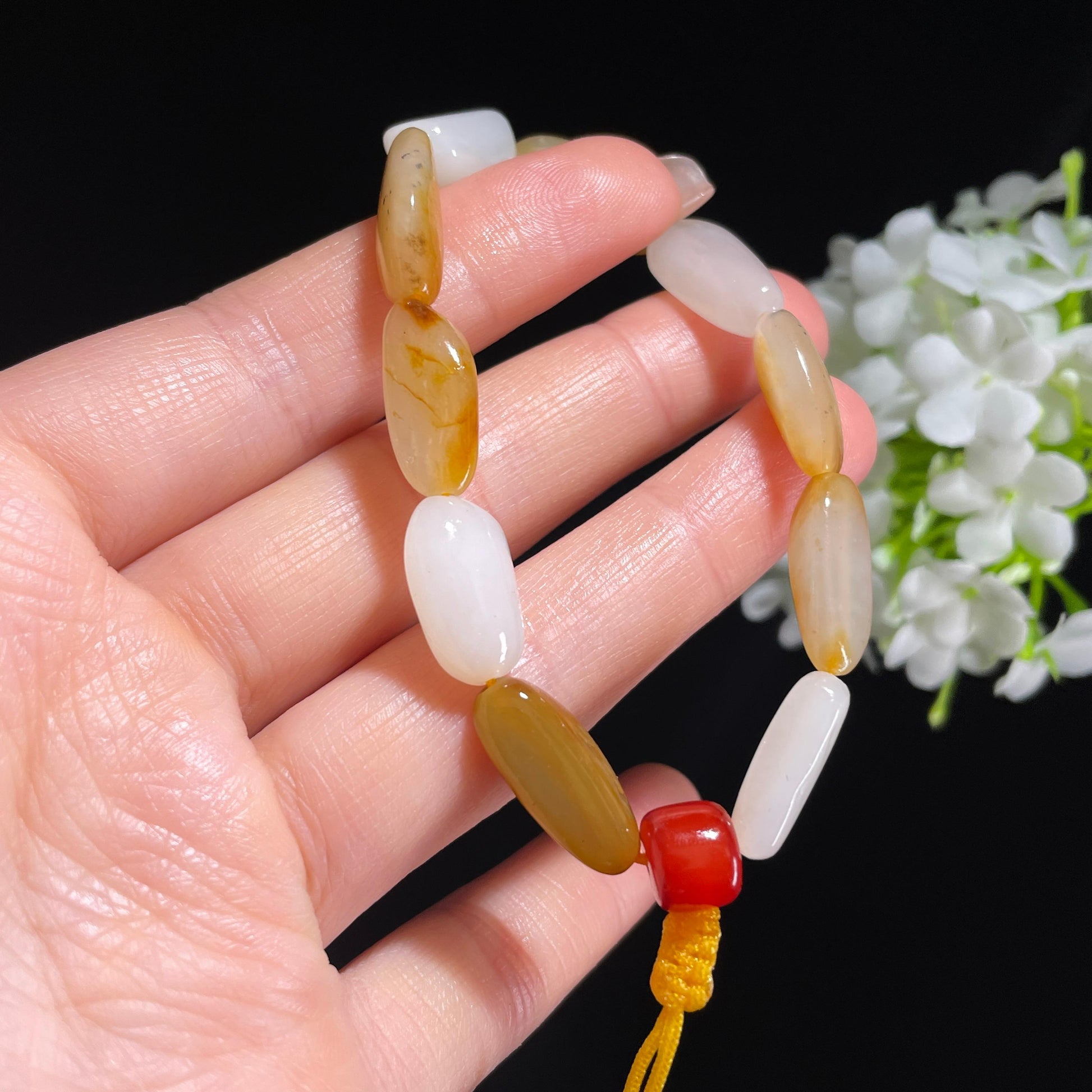 和田玉白玉青白玉红皮原籽手串（yc382242）