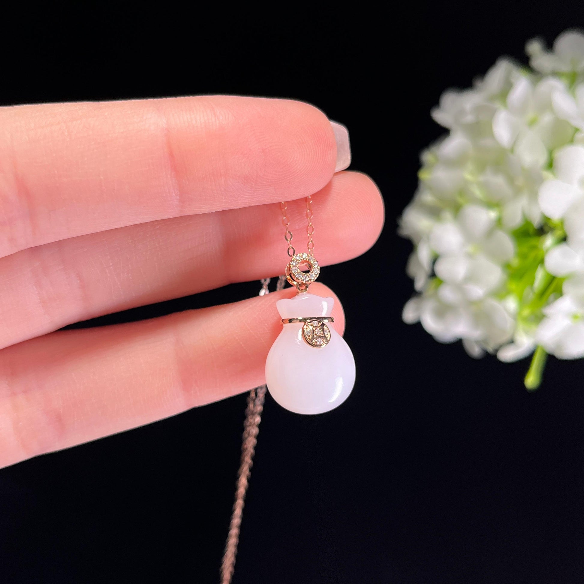 新疆天然和田玉羊脂白玉18K金镶玉福袋挂件（yc351482）