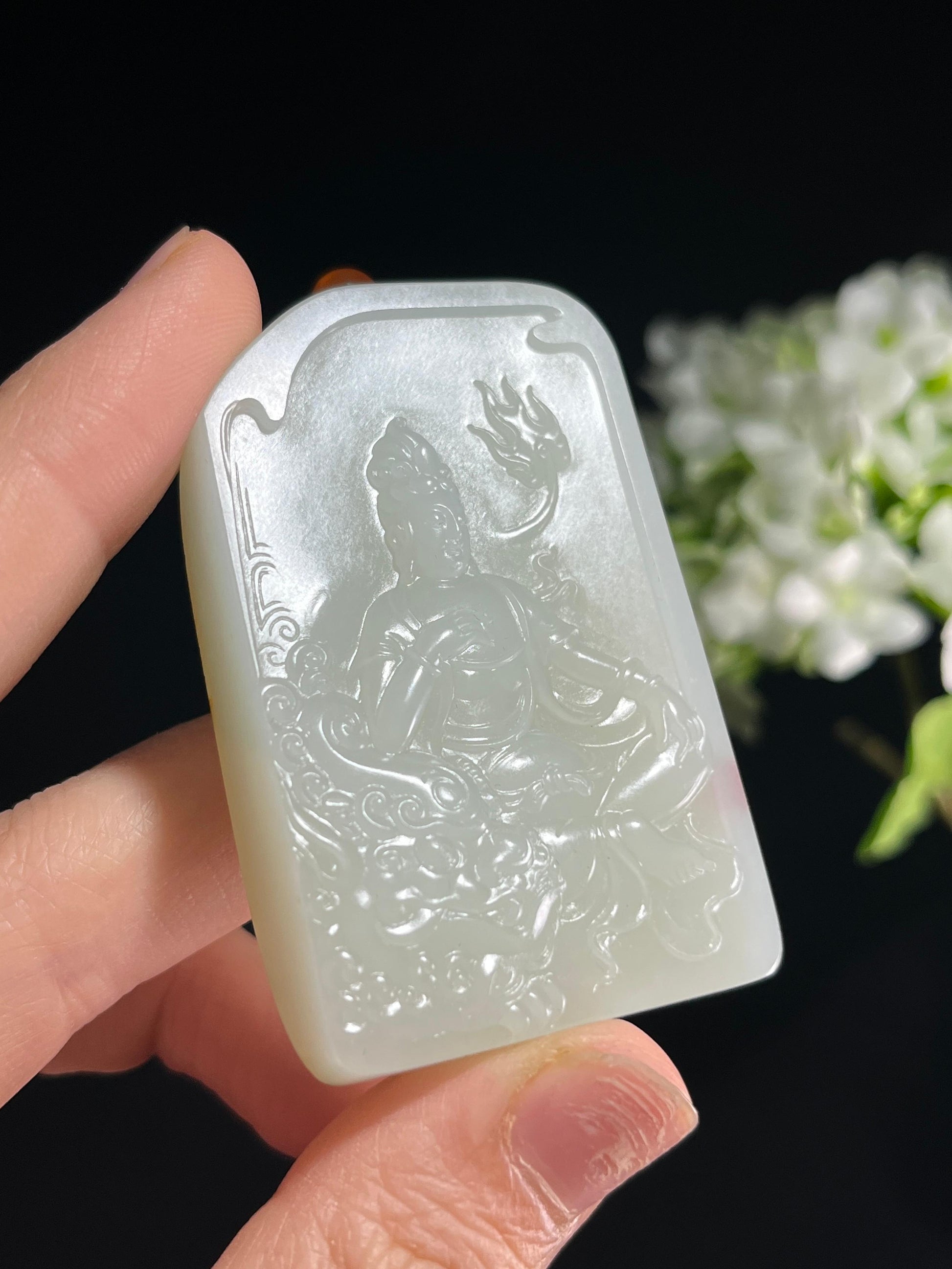 新疆和田玉籽料洒金皮“玉狮护佑”文殊菩萨观音无事牌（yc252132）