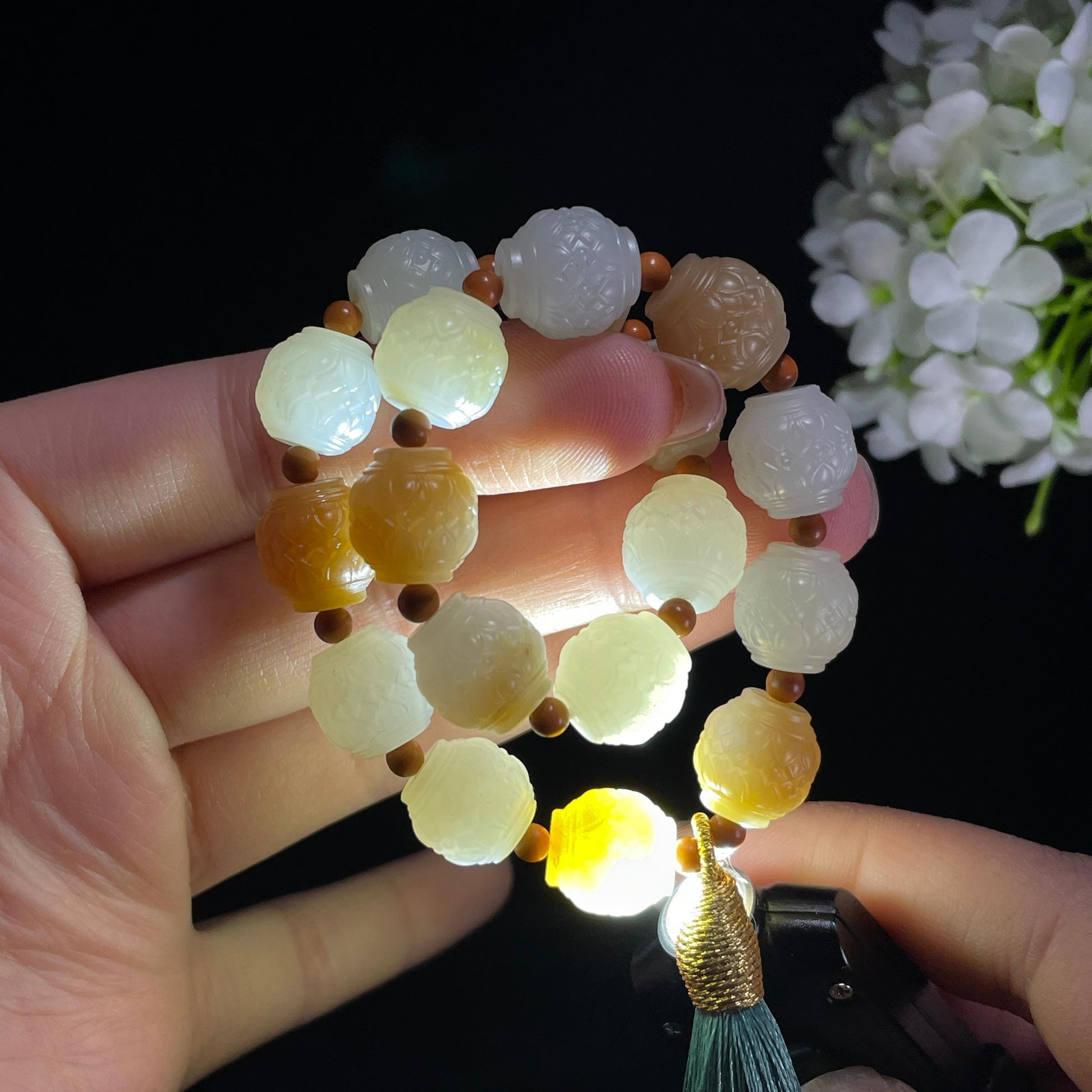 和田玉糖白玉莲花手持（yc363640）