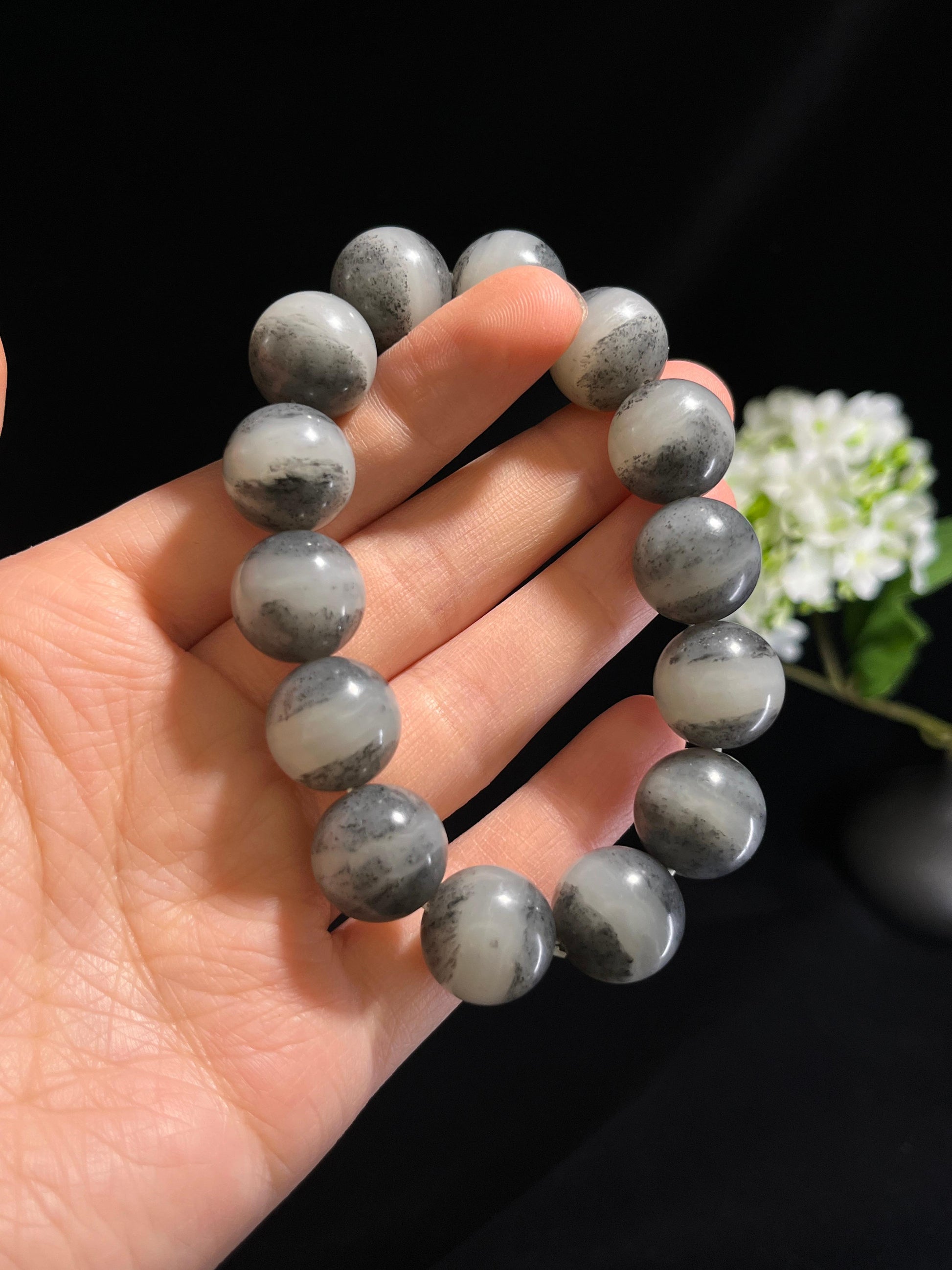 和田玉青花一线天圆形珠手串（卡16）（yc254766）