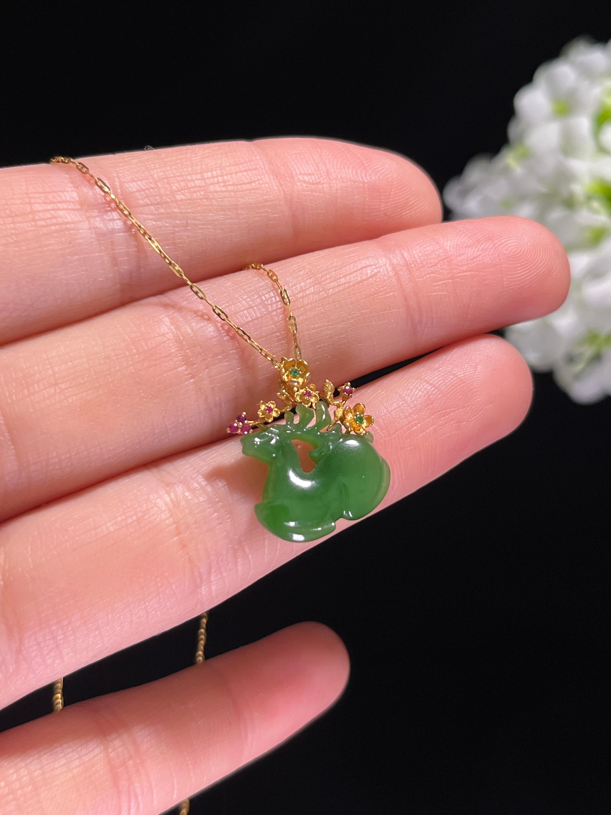 新疆天然和田玉碧玉18k金镶“一路有你”吊坠（yc260363）