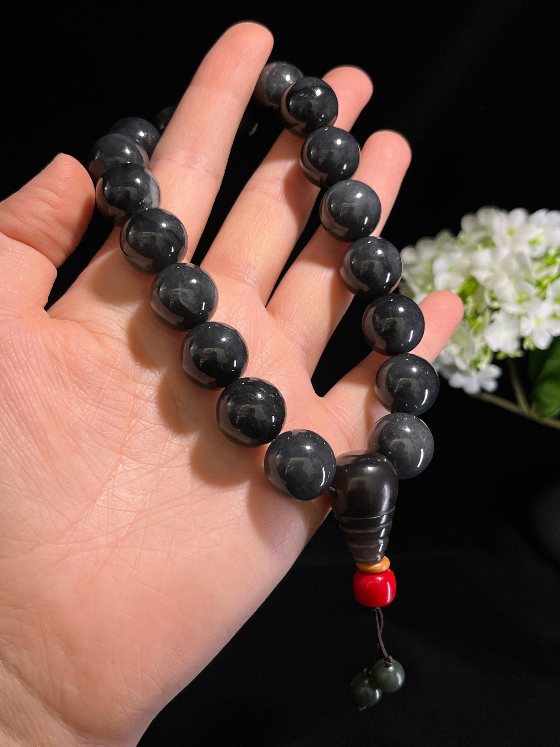 和田玉青花圆形珠手串（卡16）（yc254947）