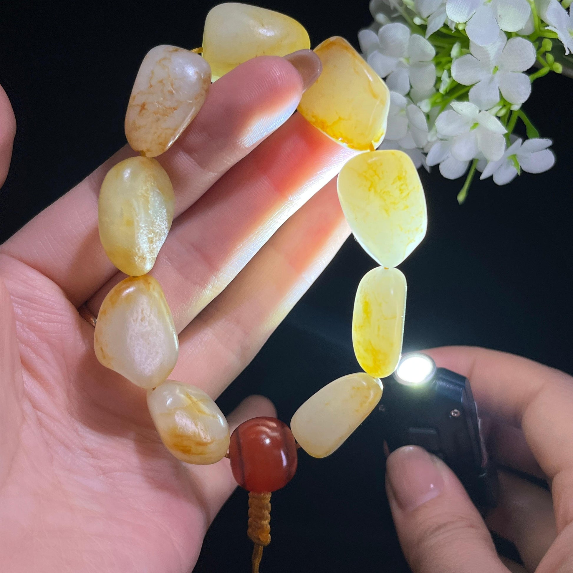 和田玉白玉洒金皮红皮原籽手串（yc381702）