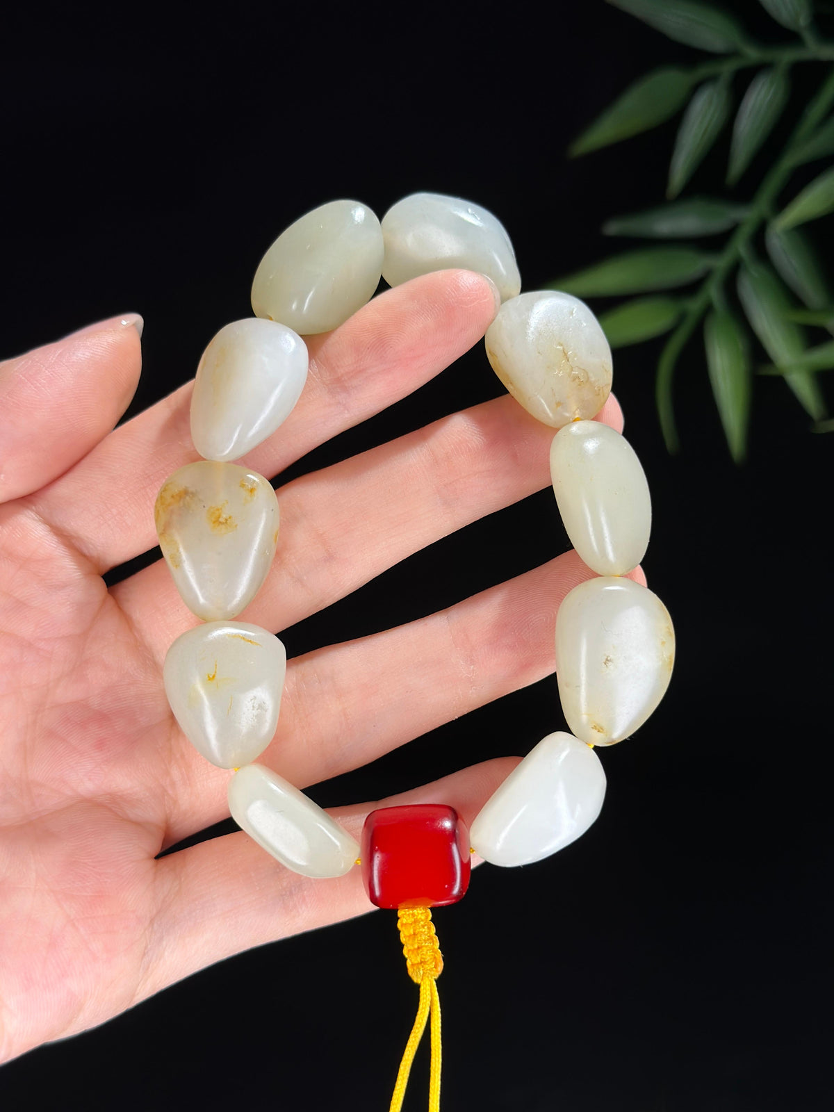 新疆和田玉白玉青白玉洒金皮原籽手串（10颗）（yc750211）