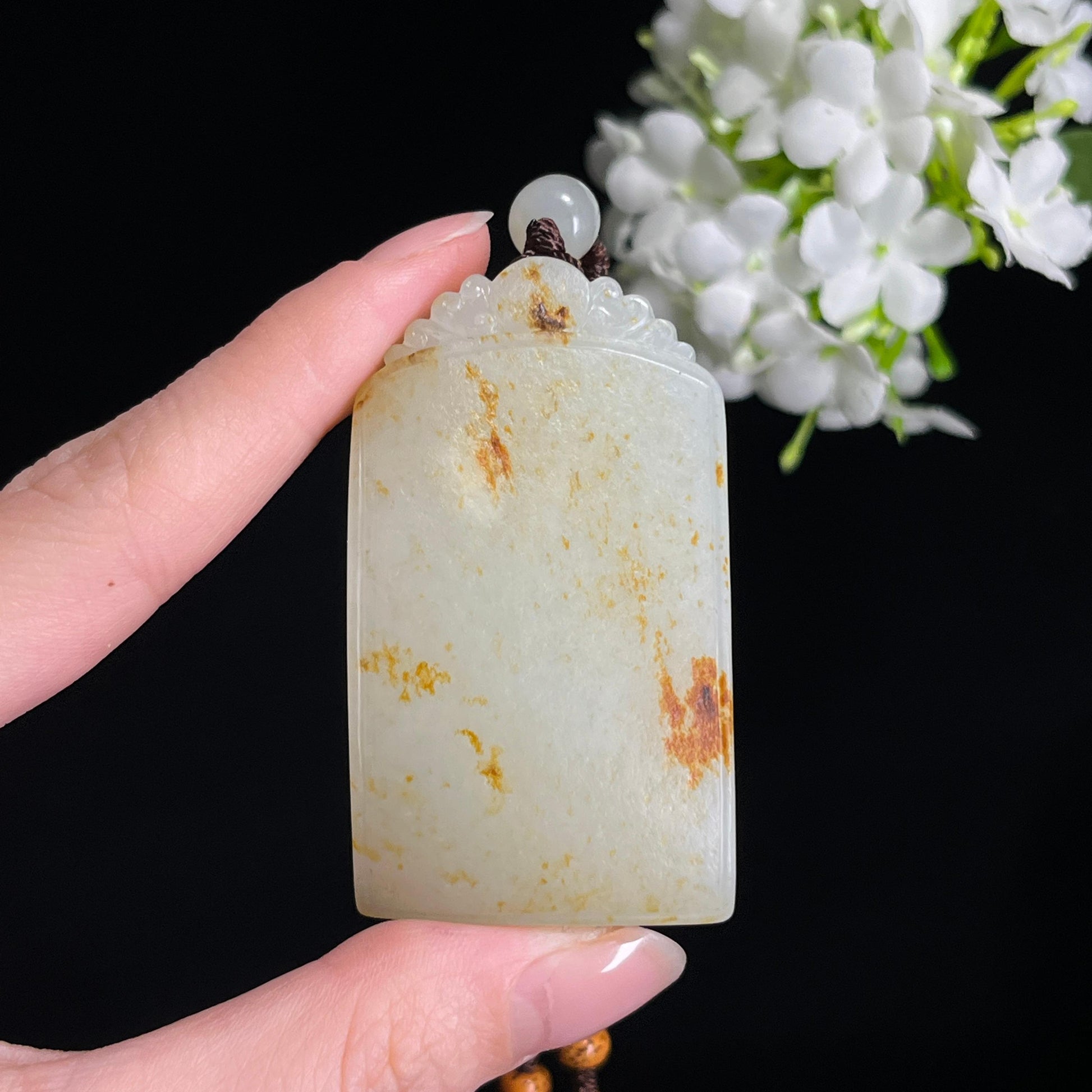 和田玉白玉洒金洒红皮“玉镜鎏光”籽料无事牌（yc301091）