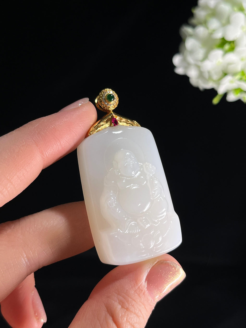 18k金镶和田玉白玉“福瑞呈祥”挂件（无事牌和串一起卖）（yc267135）