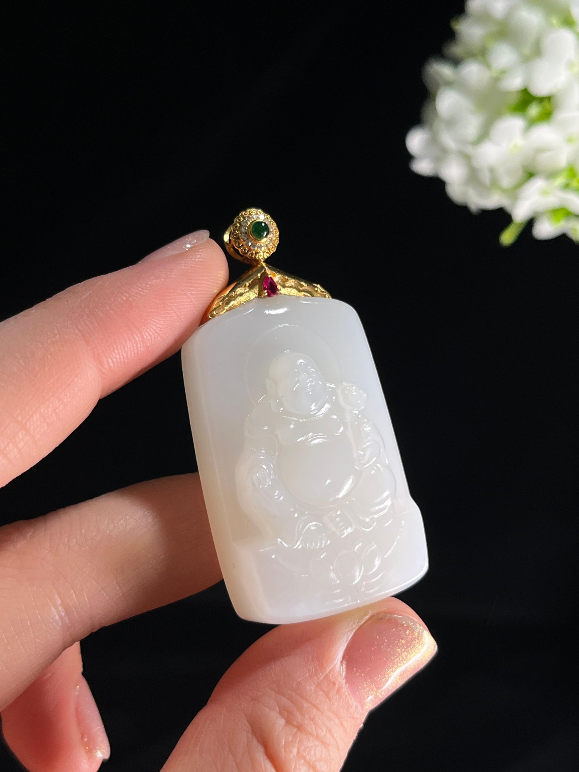 18k金镶和田玉白玉“福瑞呈祥”挂件（无事牌和串一起卖）（yc267135）