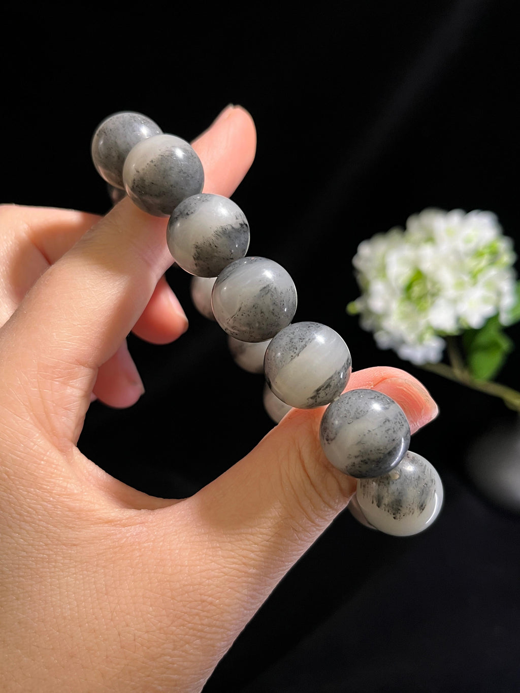 和田玉青花一线天圆形珠手串（卡16）（yc254766）