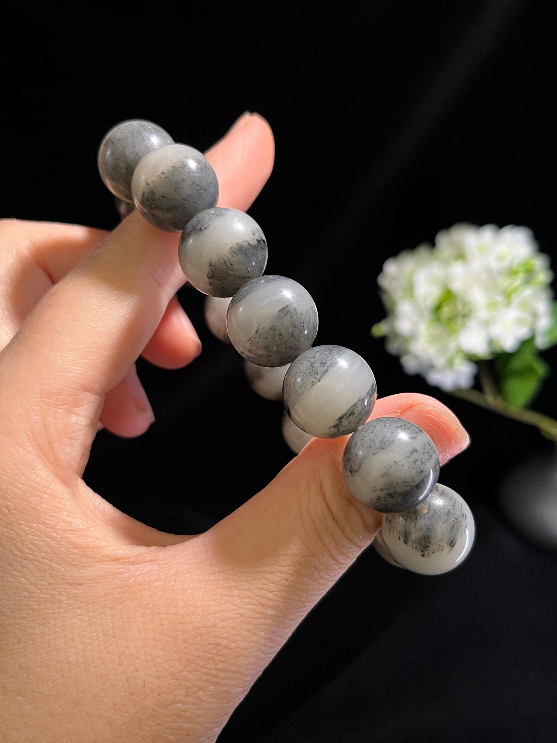 和田玉青花一线天圆形珠手串（卡16）（yc254766）