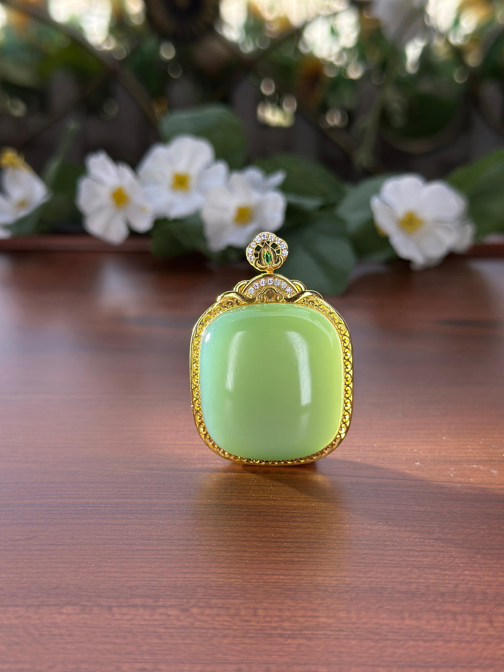 和田玉精品18K 金镶碧玉粉青方糖无事牌挂件（yc704543）
