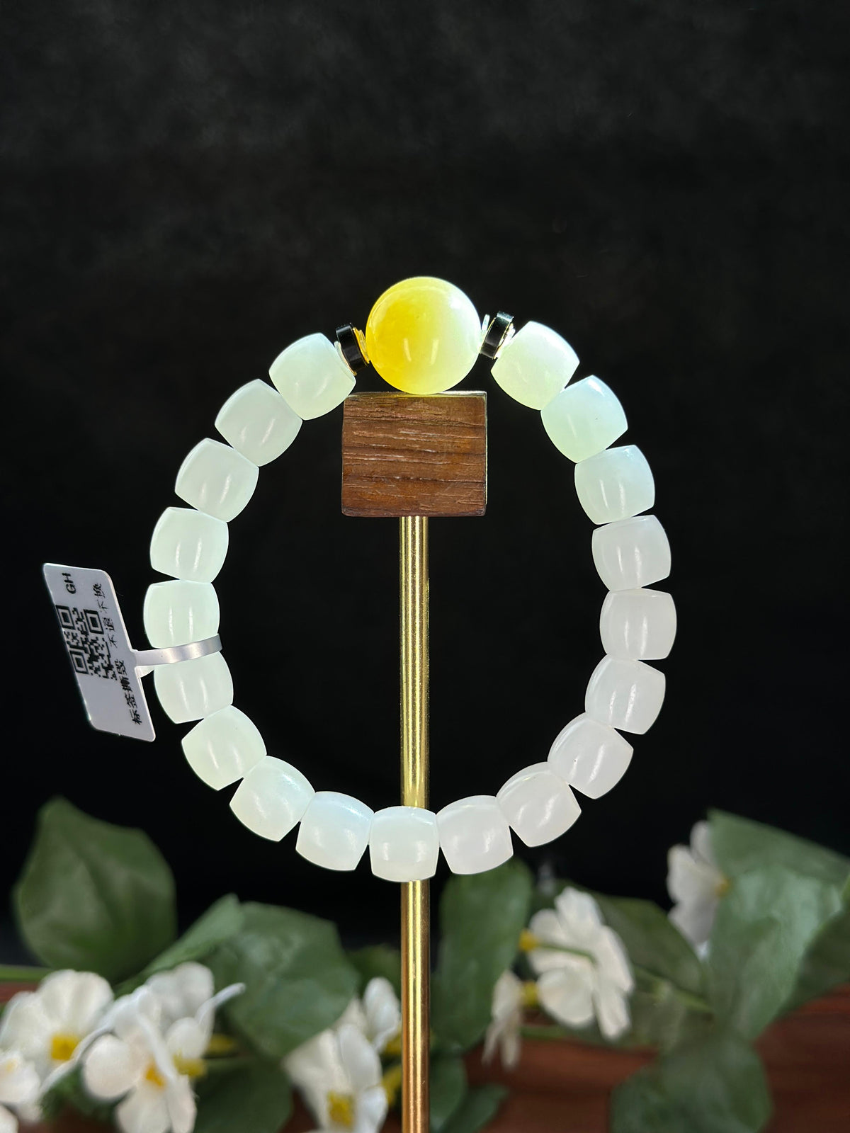 和田玉18K金白玉直切珠搭糖白圆珠手串（yc726987）