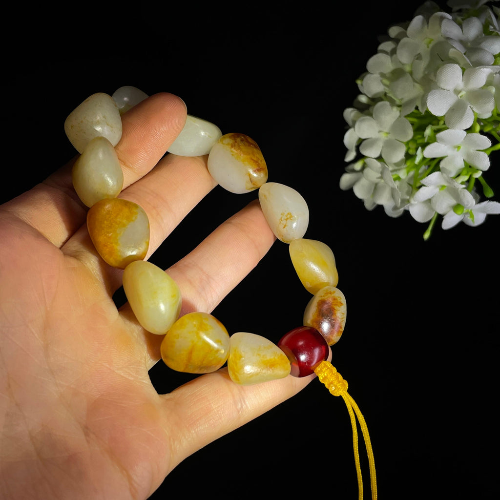 和田玉白玉洒金皮红皮原籽手串（yc356655）