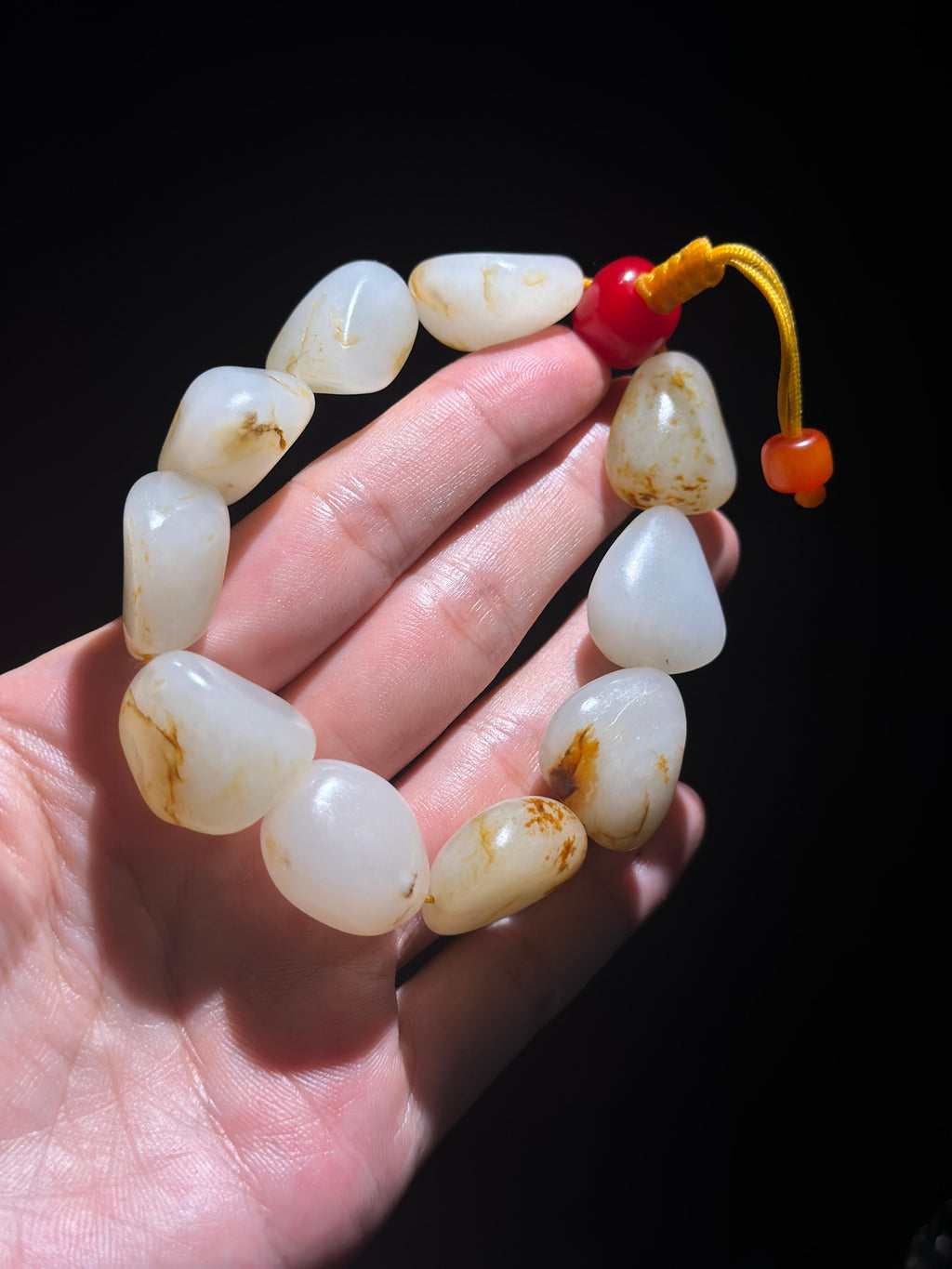 新疆和田玉白玉洒红皮原籽手串（10颗）（yc748573）