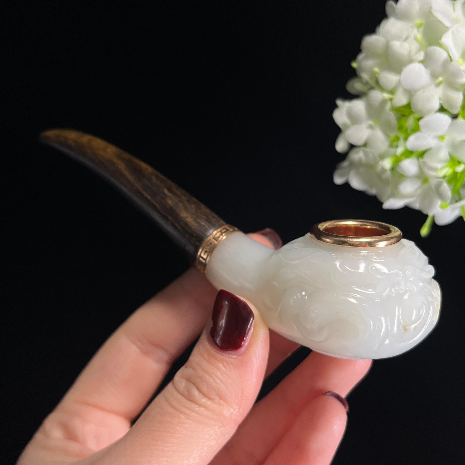 和田玉羊脂白玉洒金皮籽料烟斗（yc337062）