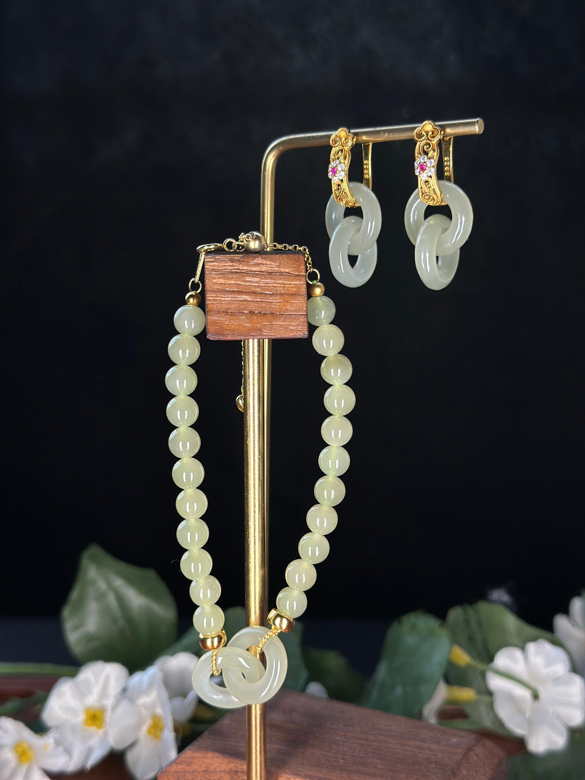 和田玉S925银镶晴水环环相扣diy手串+耳环套装（可拆分卖）（yc727759）