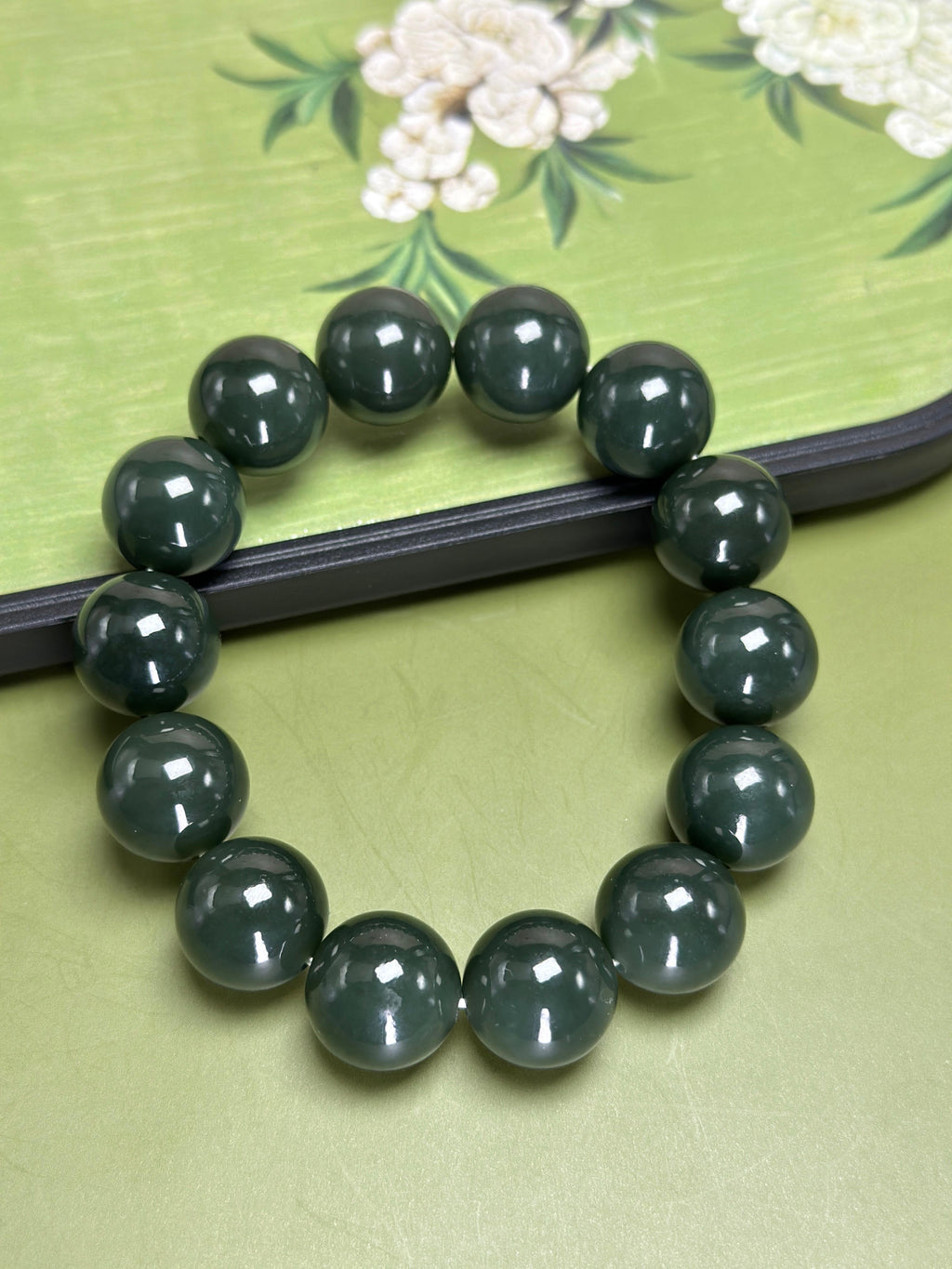 和田玉蓝调沙枣青圆珠手串（14颗）（yc755985）
