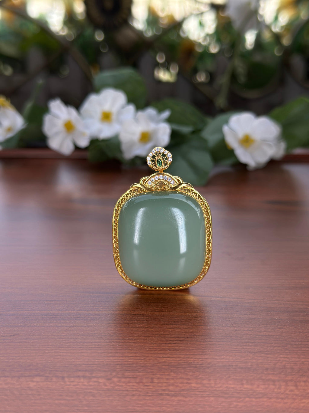 和田玉精品18K 金镶碧玉粉青方糖无事牌挂件（yc704543）
