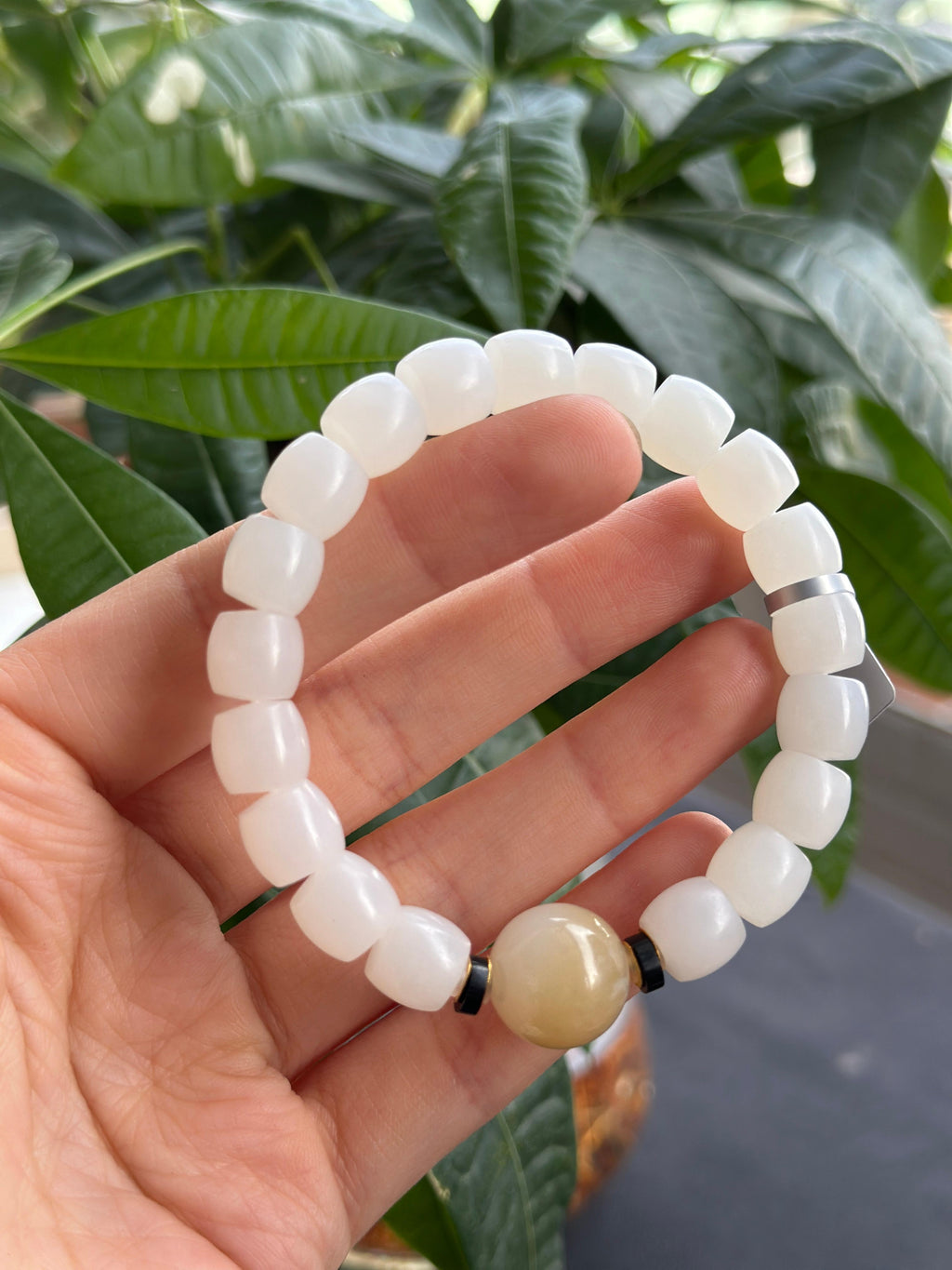 和田玉18K金白玉直切珠搭糖白圆珠手串（yc726987）