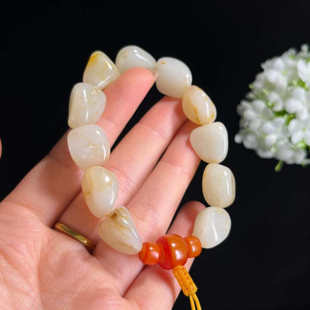 和田玉白玉青白玉洒金皮“玉静星金”籽料手串（yc300575）