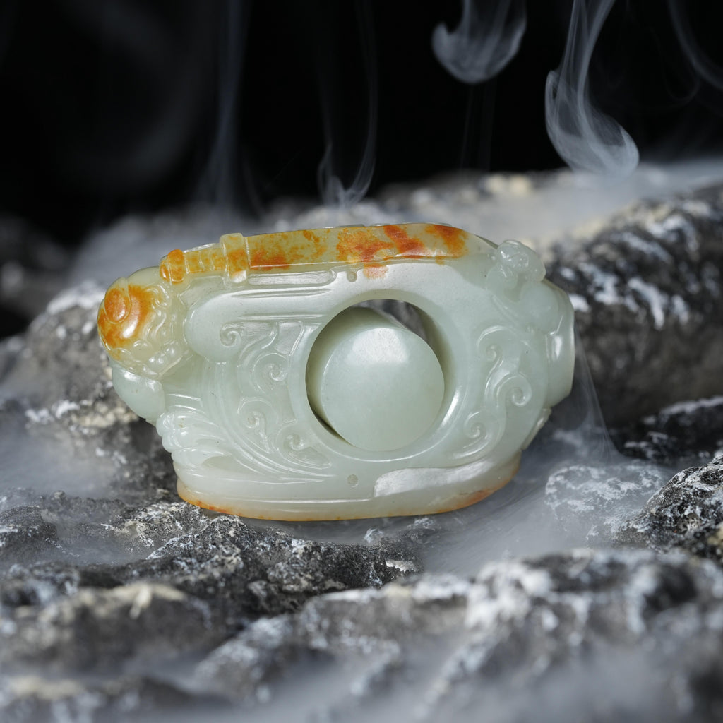 精品新疆和田玉红皮青玉龙凤扳指手把件（yc767587）