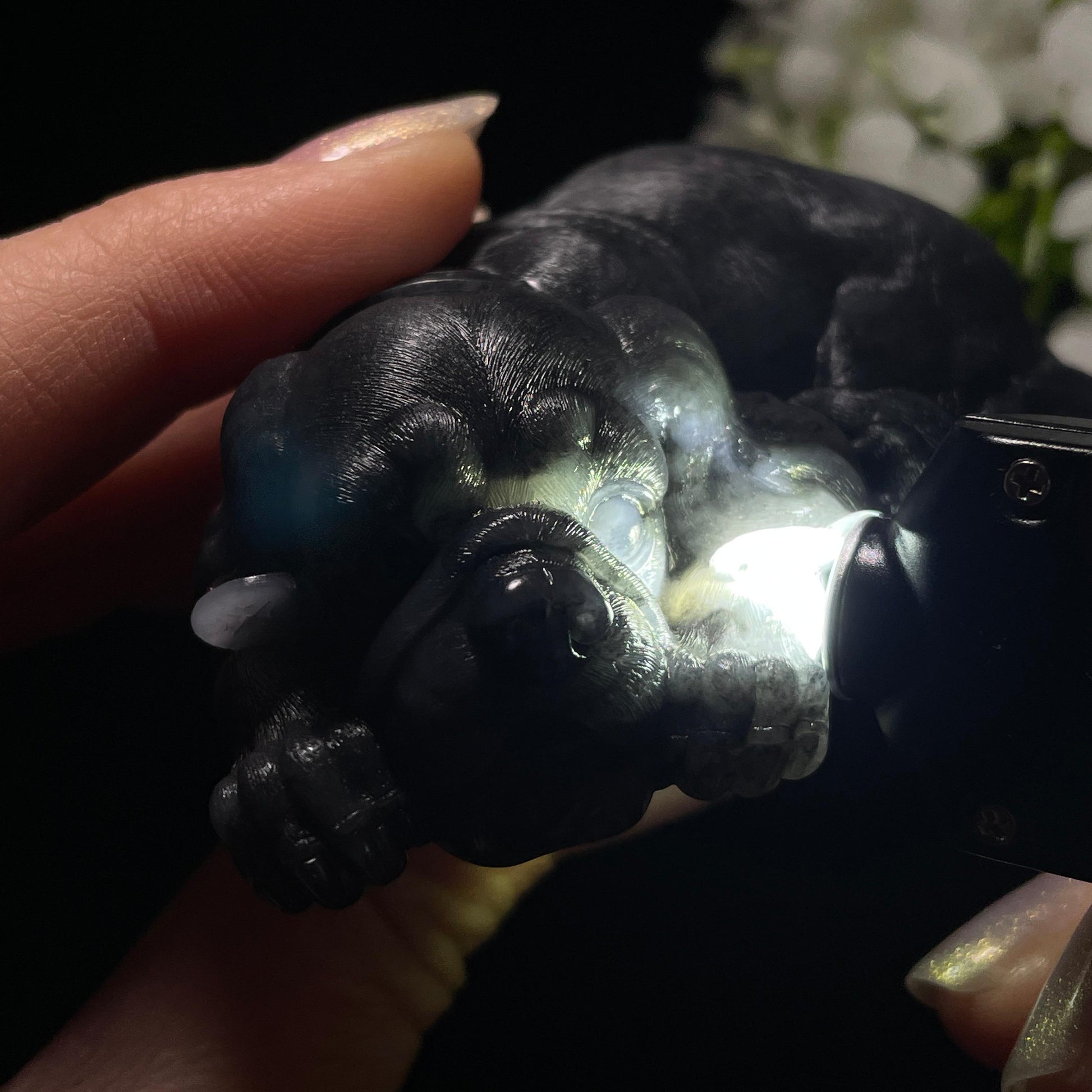 和田玉青花籽料“平安旺福”狗雕刻手把件（yc326465）