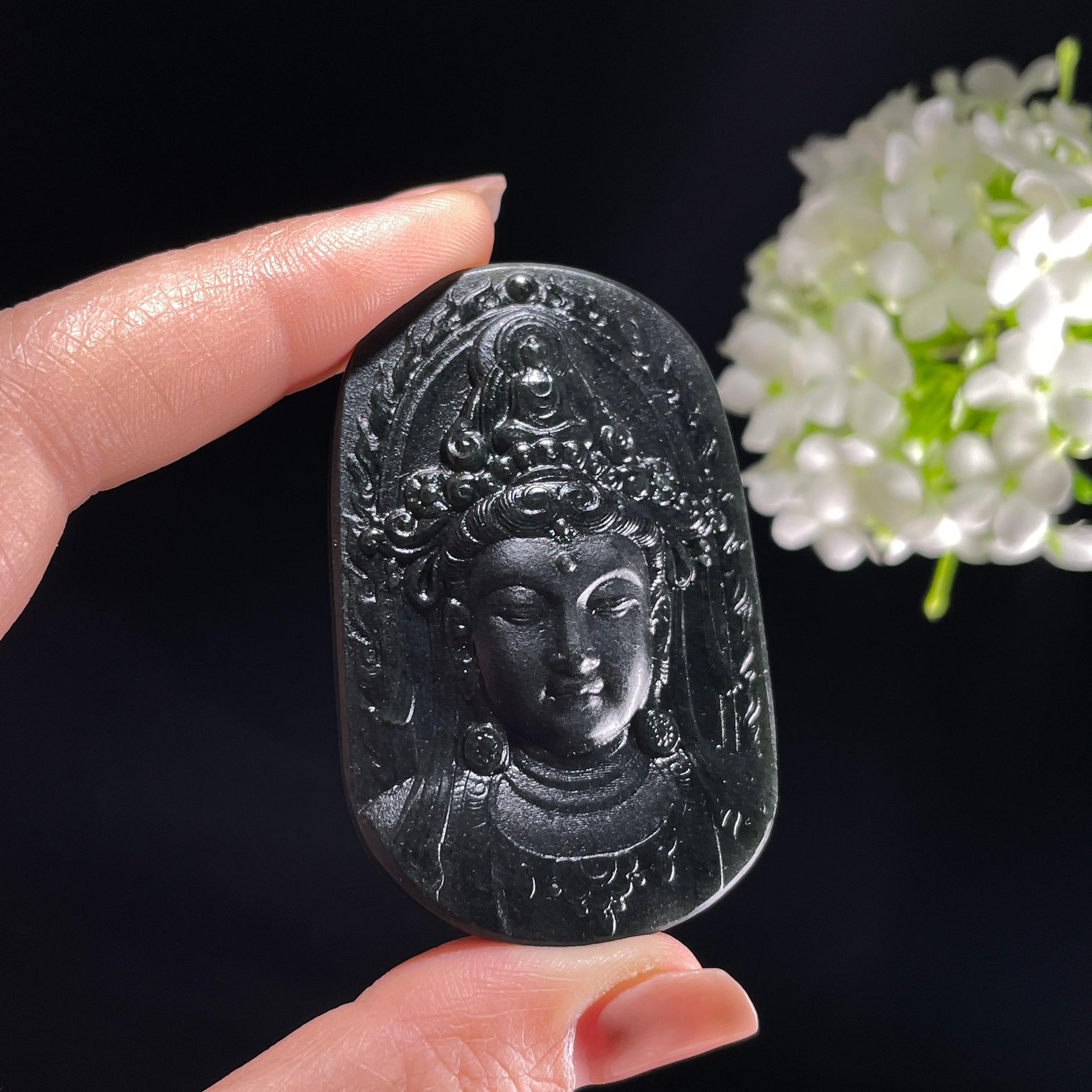 和田玉黑青观音牌挂件（yc389267）