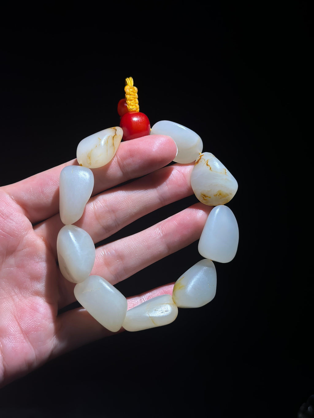 新疆和田玉珍品洒金洒红皮原籽手串（9颗）（yc748581）