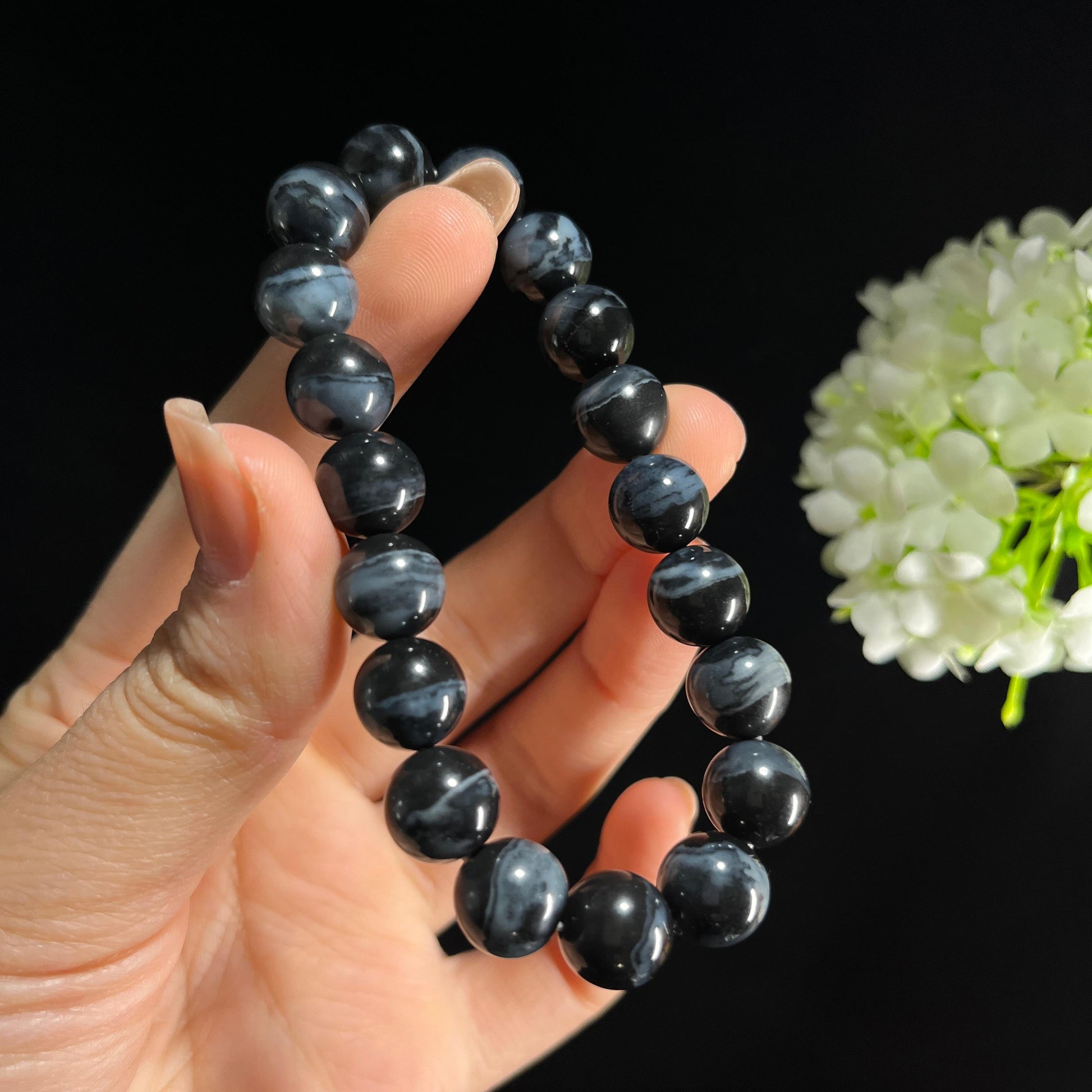 和田玉青花圆珠手串（19颗）（yc389109）