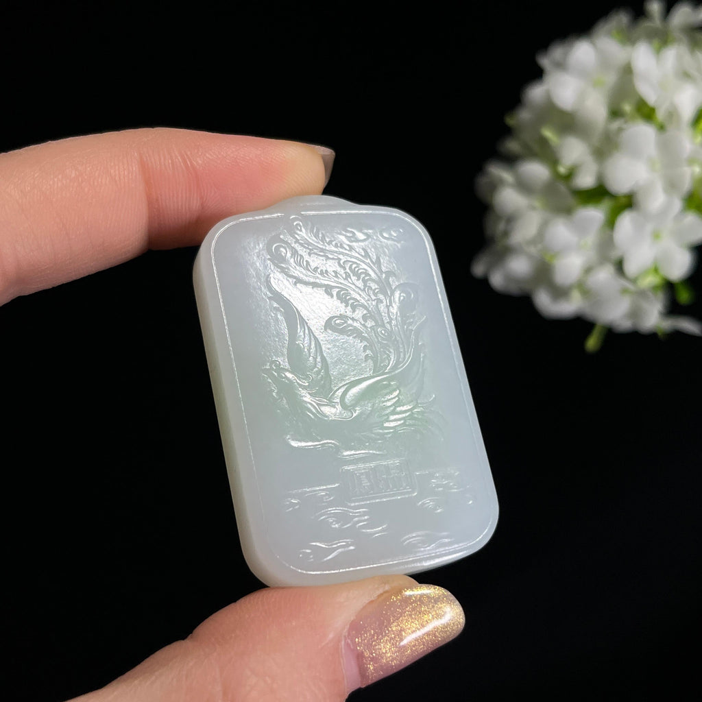 新疆天然和田玉白玉“白凤鱼跃”雕刻挂件（yc301736）