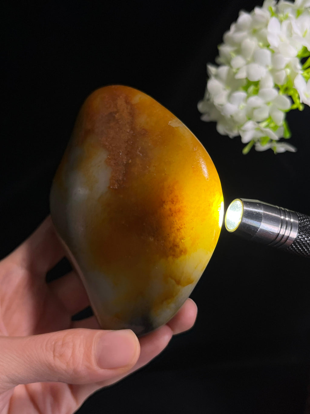 新疆天然和田玉籽料原石青花洒金皮小摆件（yc266648）