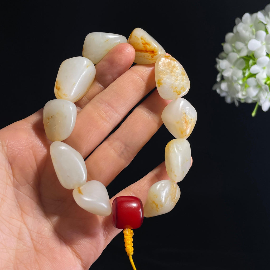 和田玉白玉洒金洒红皮“顽石生花”籽料原籽手串（yc320451）