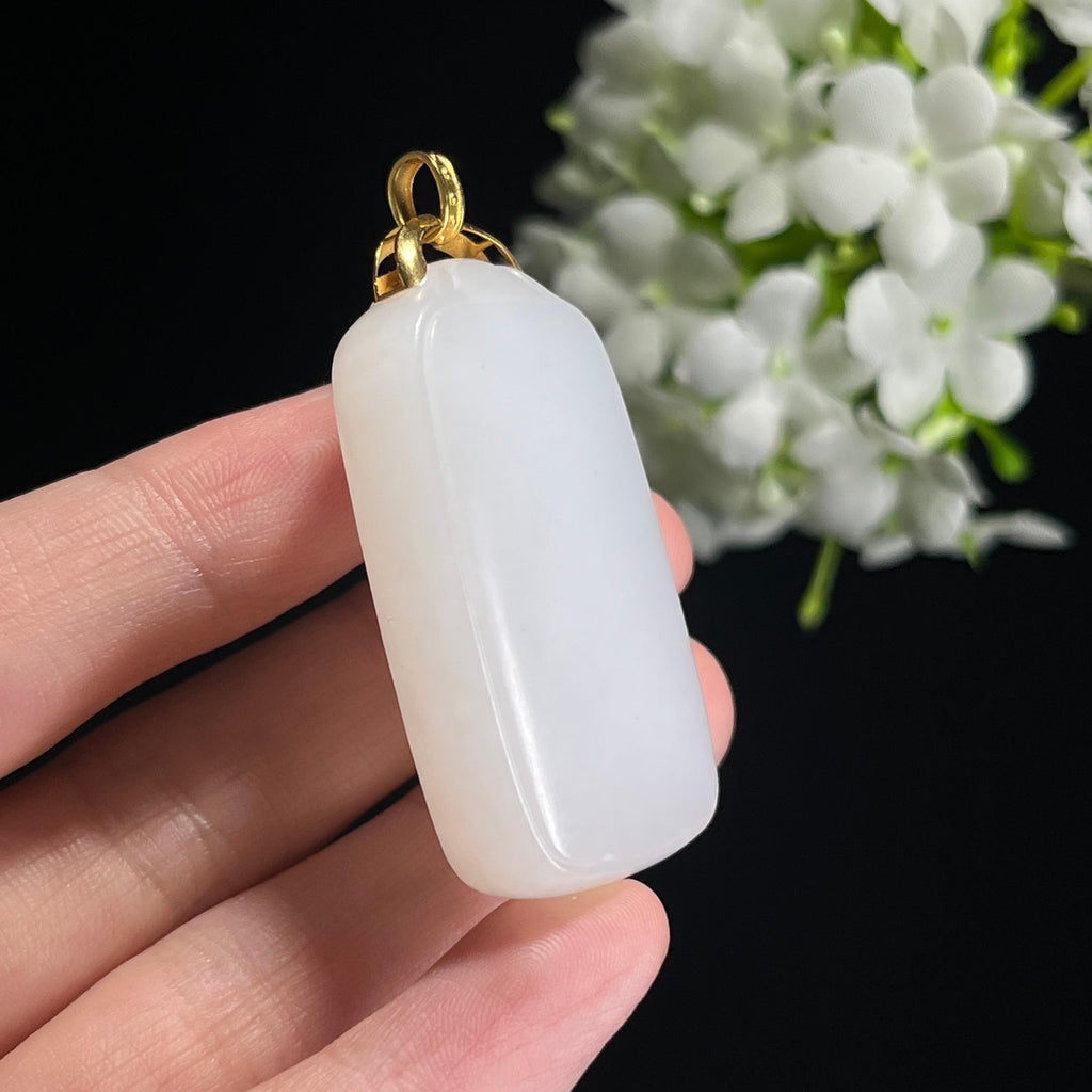 新疆天然和田玉“玉璧承清”白玉18k金镶无事牌（yc302255）