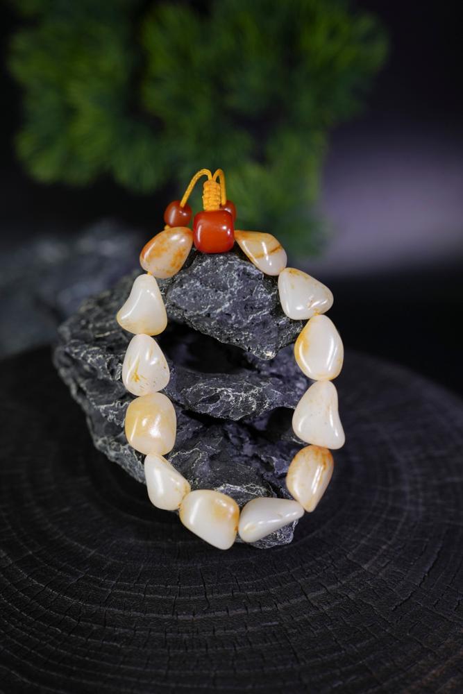 新疆和田玉白玉带洒金皮籽料原石手串（原籽无修）（yc229712）