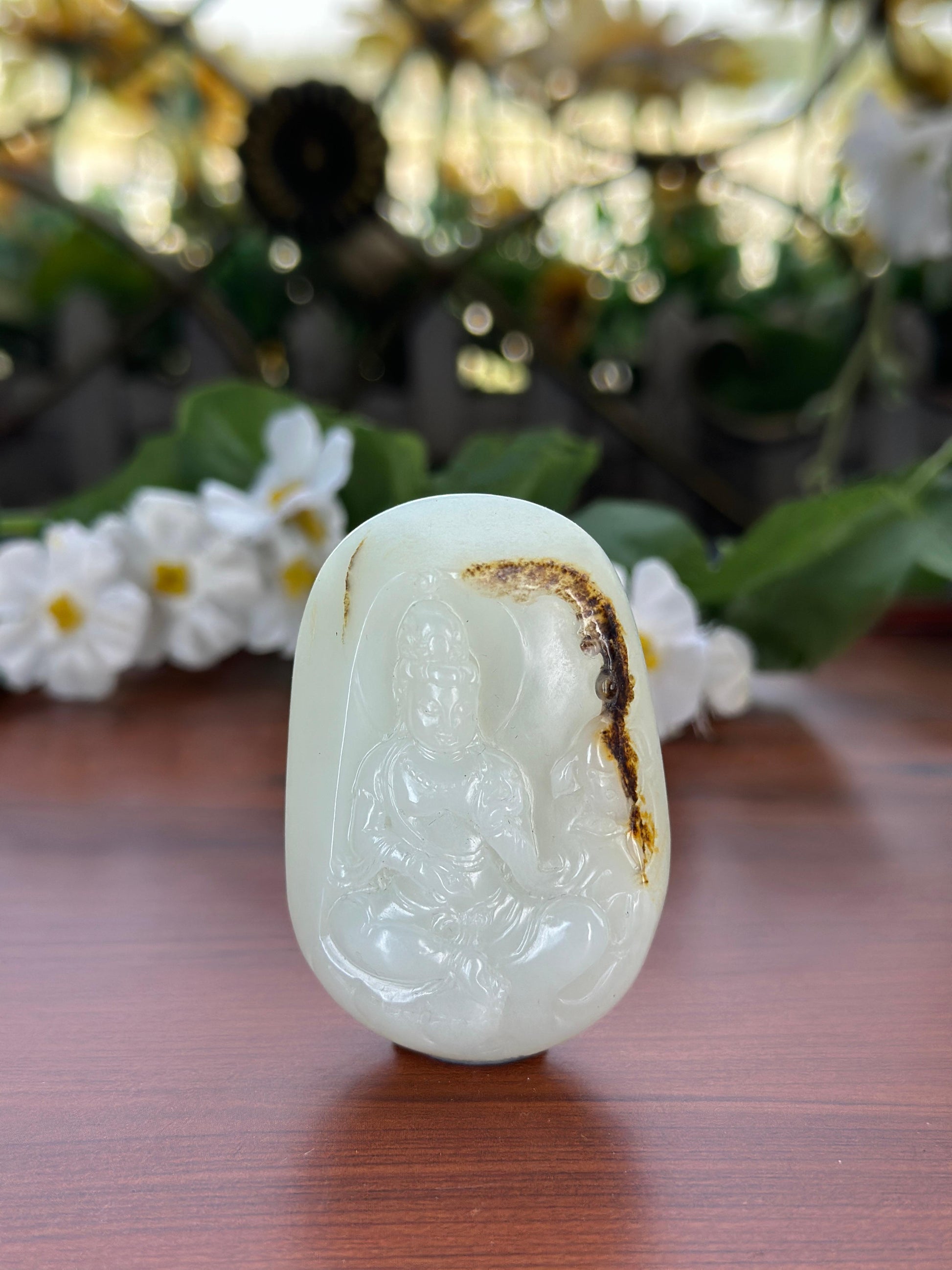 新疆和田玉精品白玉秋梨皮籽料花开见佛挂件（yc709204）