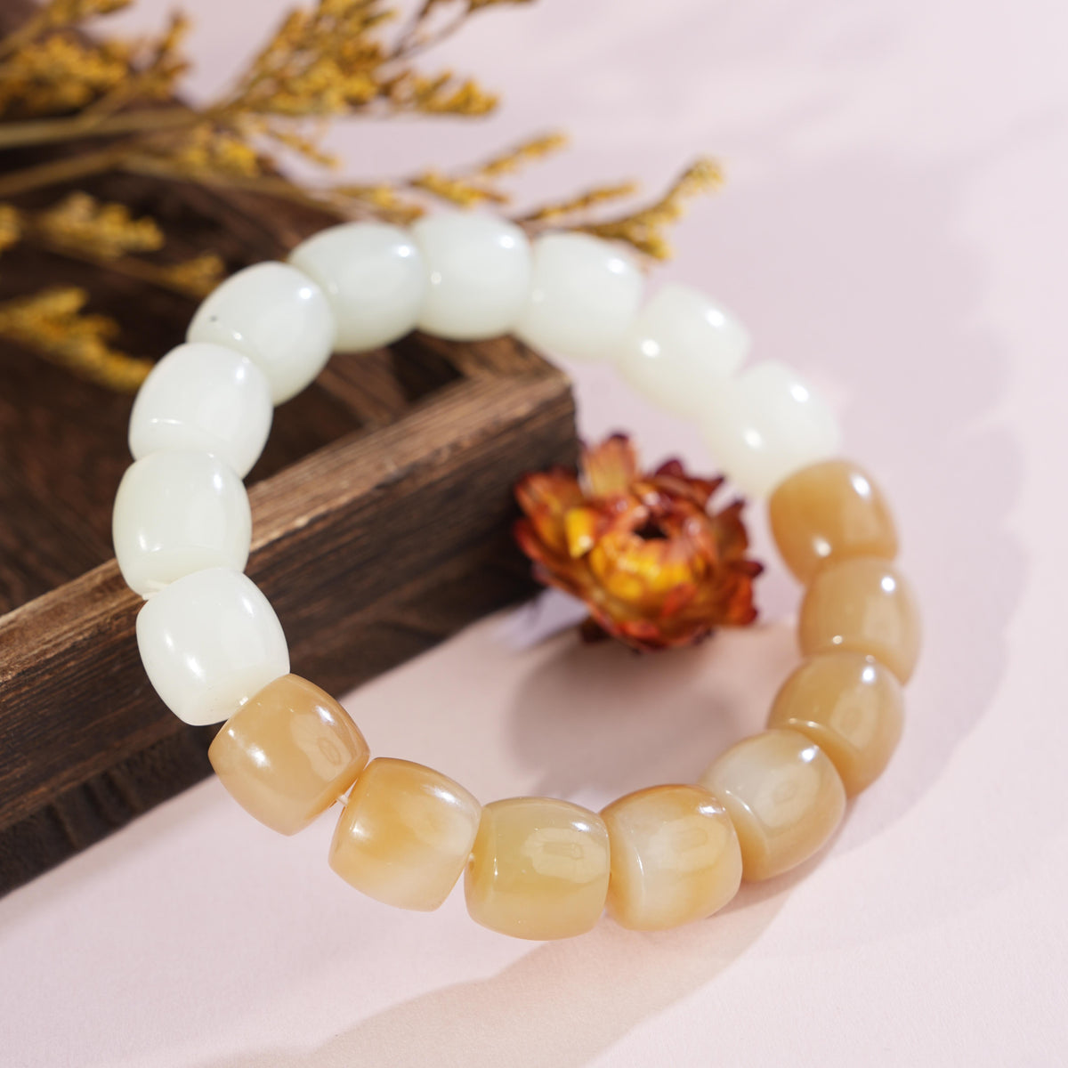 精品和田玉糖玉白玉双色老型珠手串（17颗）（yc750914）