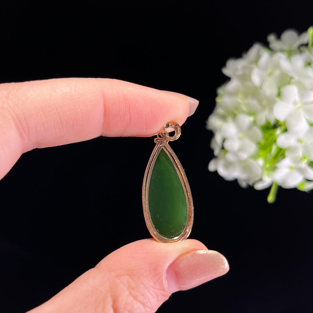 新疆天然和田玉18K金镶碧玉水滴吊坠（yc351469）